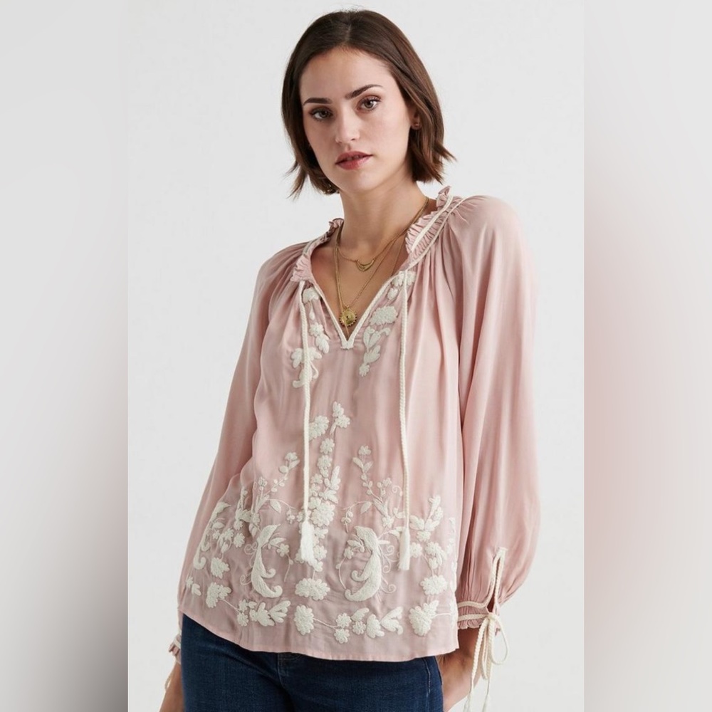 Lucky Brand Pink Blouse with White Embroidery